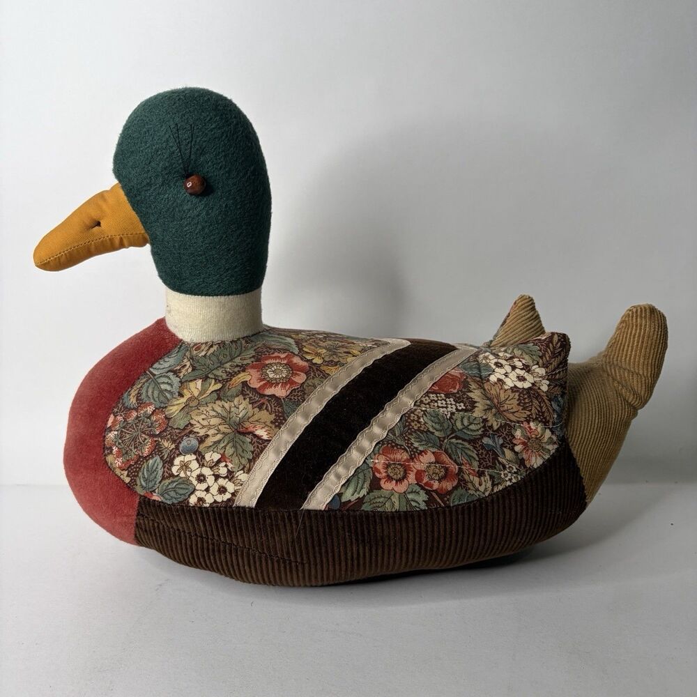 Vintage Handmade Patchwork Cloth Quilt Duck Stuffed Animal Plush 12" Cottagecore
